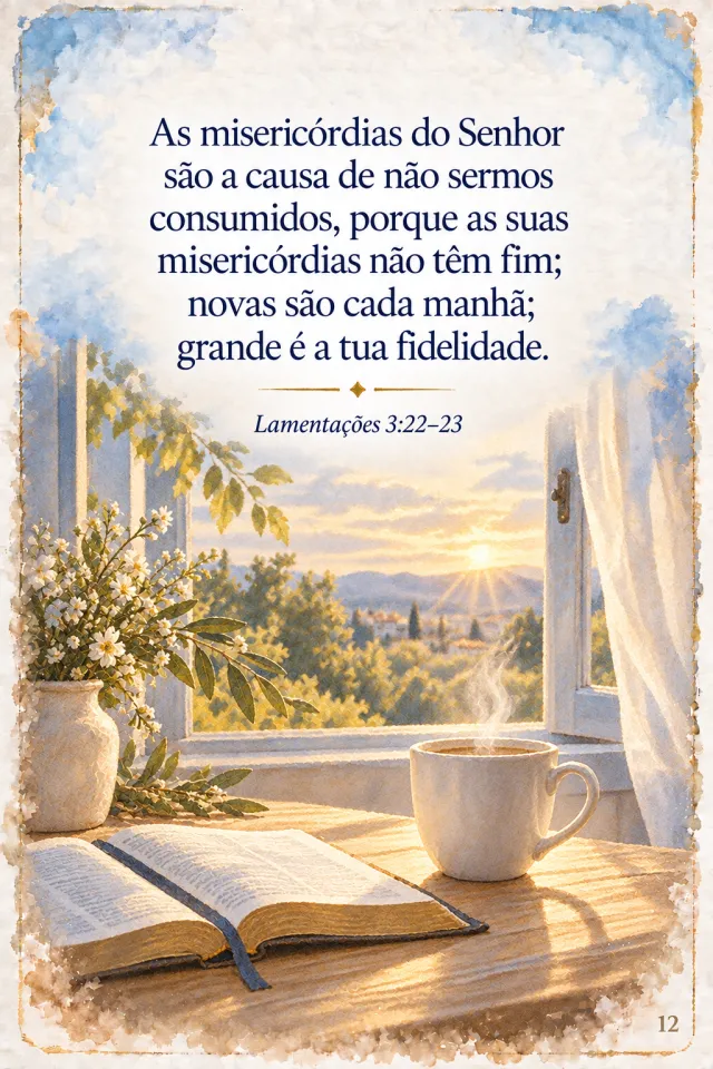 Card de Lamentações 3:22–23: xícara de café e Bíblia aberta diante de uma janela pela manhã